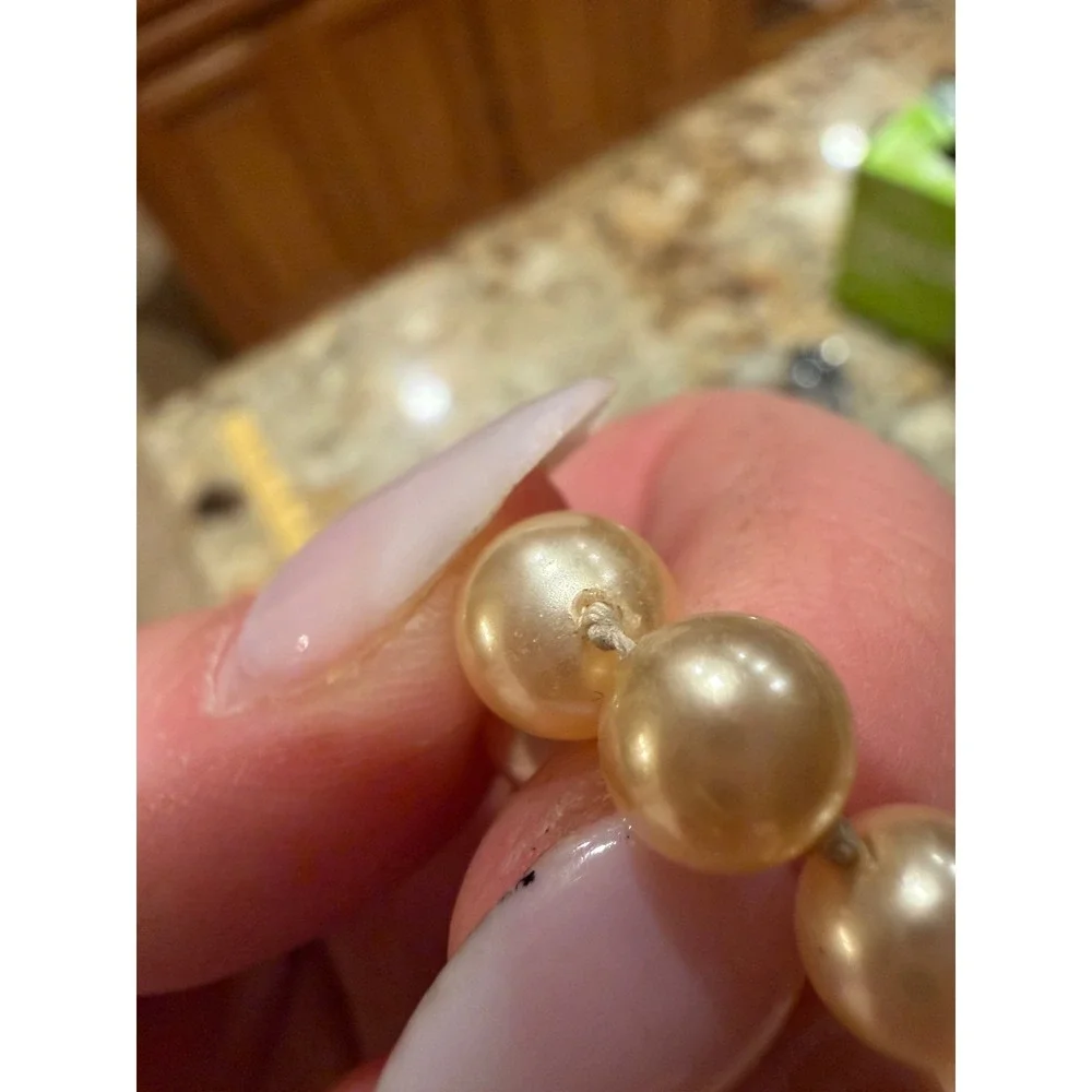 Vintage Graduated Faux Pearl Necklace 10k Gold Clasp Cream Hand Knotted 19.5in